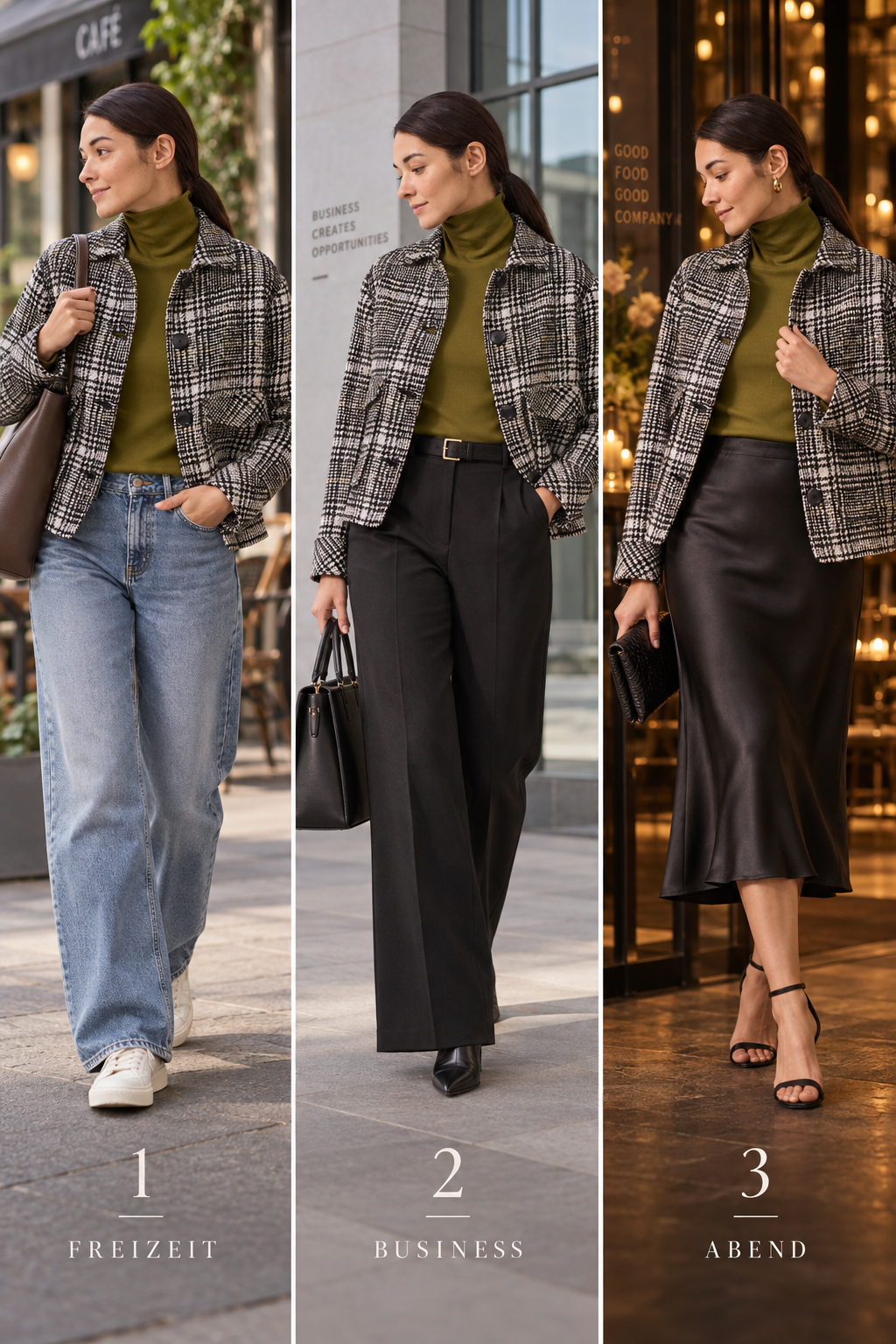 Drei Styling-Ideen für Blazer mit Glencheck-Karo: Freizeit, Business und Abend