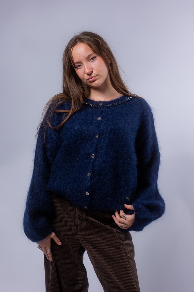 [P3517_4326034_BL-S] Cardigan in Mohair mit Strasskordel (S)